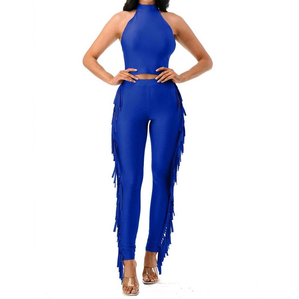 NEW HIGHLIGHT fringe leggings pant set in royal blue